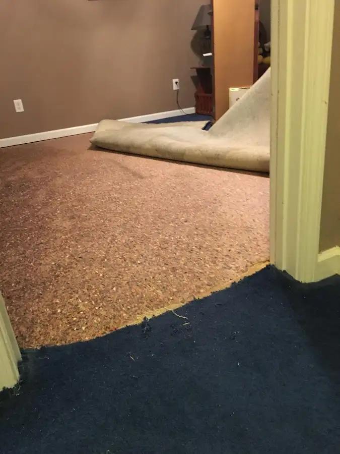 Carpet pad removal revealing water damage during Water Mitigation Services in District Heights